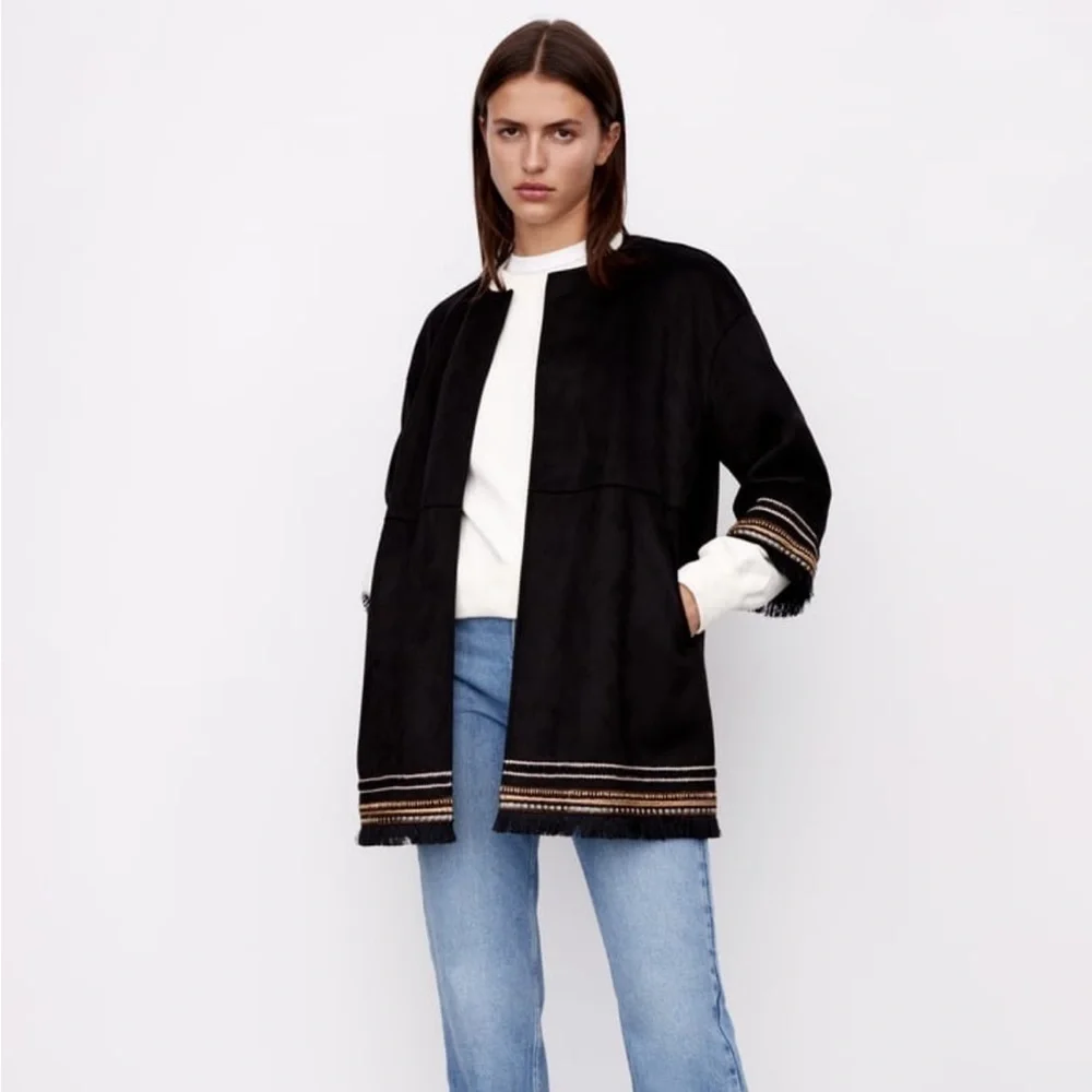 ZARA Combination Faux Suede Embroidered Fringe Hem Jacket Black